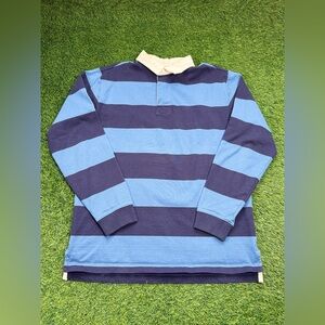 L.L.Bean Rugby Shirt Mens Medium Blue Navy Stripe Long Sleeve Cotton Polo